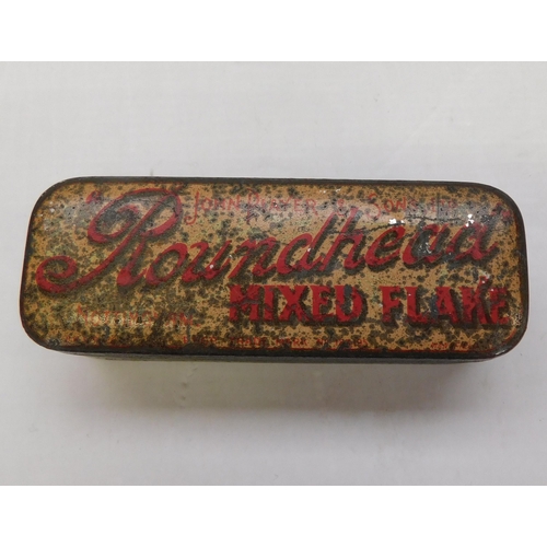 133 - 1920s/Roundhead tobacco tin - including John Players badges & thimble