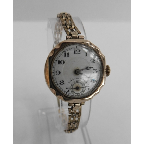 139 - Antique - 9ct gold cased/wristwatch - with rolled gold strap