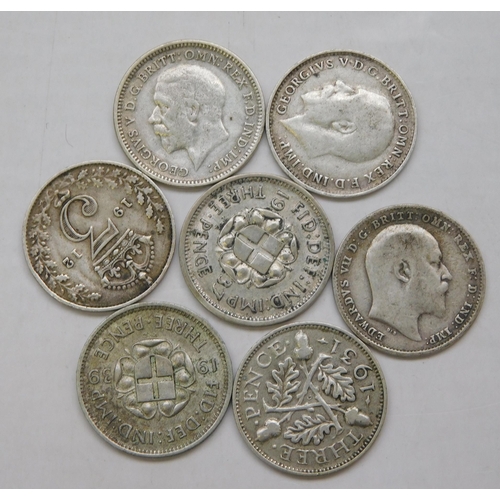 213 - Seven - silver/3d coins including - Edward/George V & George VI