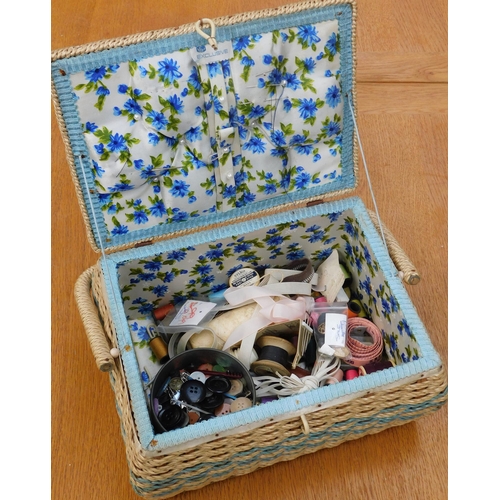 592 - Vintage wicker sewing box and contents