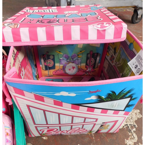 603 - Large box of Barbies and accessories incl. fold away 'Barbie Dream House' car, camper van etc. - app... 