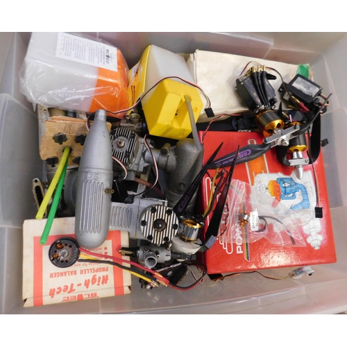 538 - Box with Radio Control accessories inc nitro tools etc. and box of nitro airplane engines etc.