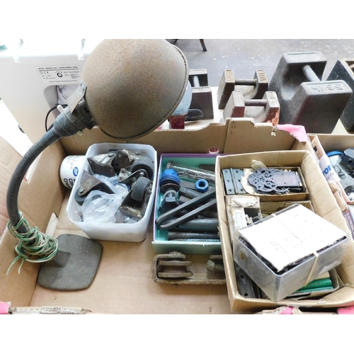 561 - Box of vintage tools incl. industrial desk lamp