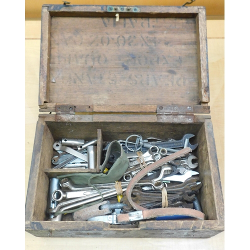 563 - Wooden box of open ended spanners etc.