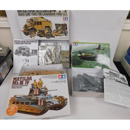 163 - Three - Tamiya/model kits including - Brewster Buffalo/Matilda - tank & quad gun tractor/boxed