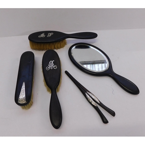 16A - Ebonised/wood & silver detailed - brushes & mirror