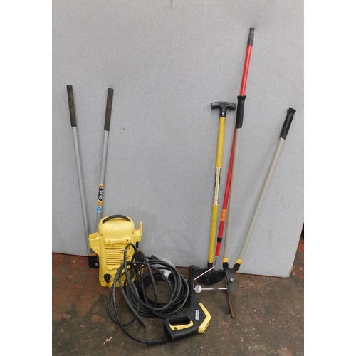 503 - Karcher pressure washer and hoses - unchecked and assorted gardening tools