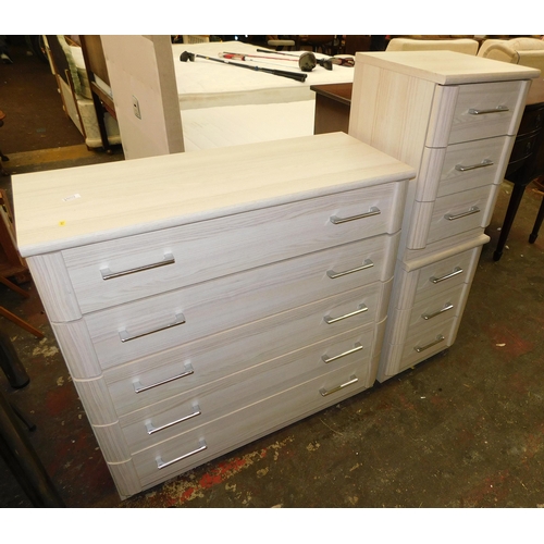 802 - Two, three drawer bedside cabinets and matching five drawer bedroom unit