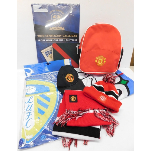 806 - Leeds United calendar 2000/Manchester United back packs, scarves, Yorkshire flag etc...