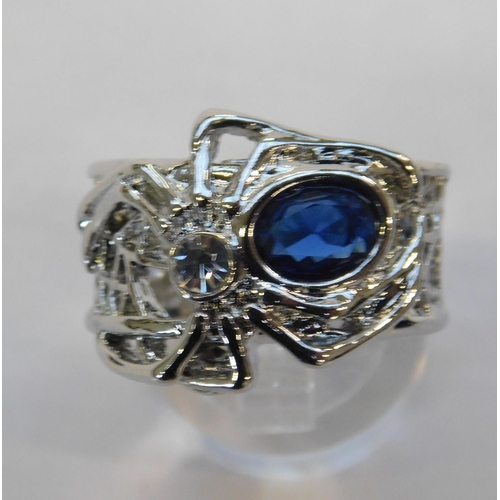 120 - Silver tone - blue zircon/spider ring