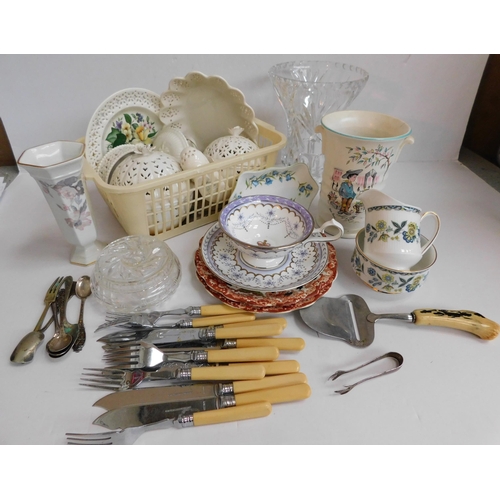 34 - Mixed items including - Leeds ware & silver sugar tongs...