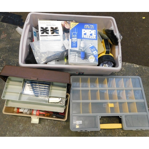 509 - Box of miscellaneous items incl. tape measures, tools and two tool boxes...