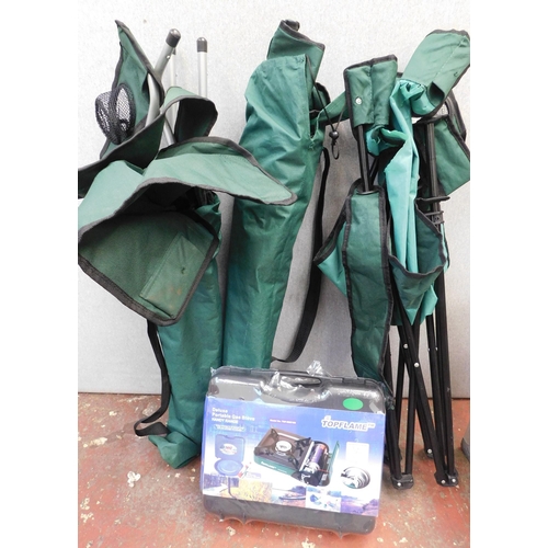 540 - Three camping chairs and portable gas stove...