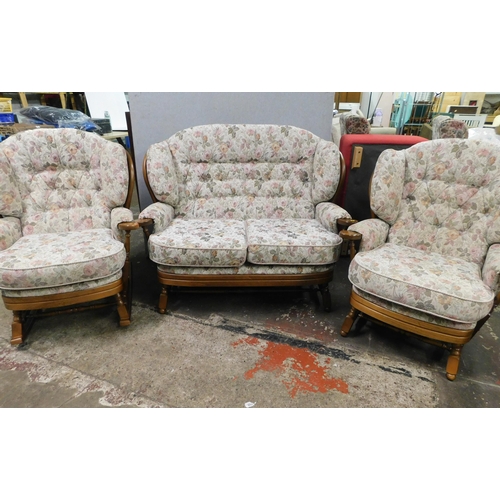 556 - Ercol style sofa, rocking chair and chair