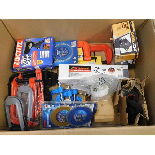 803 - Box of new miscellaneous tools incl. g-clamps, glue gun etc.