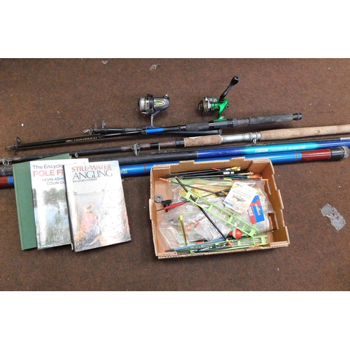 821 - Collection of fishing rods, accessorises, floats and reference books...