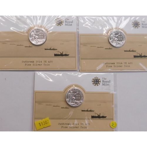 114 - Three - 2014 dated/Royal Mint - fine silver £20 coins