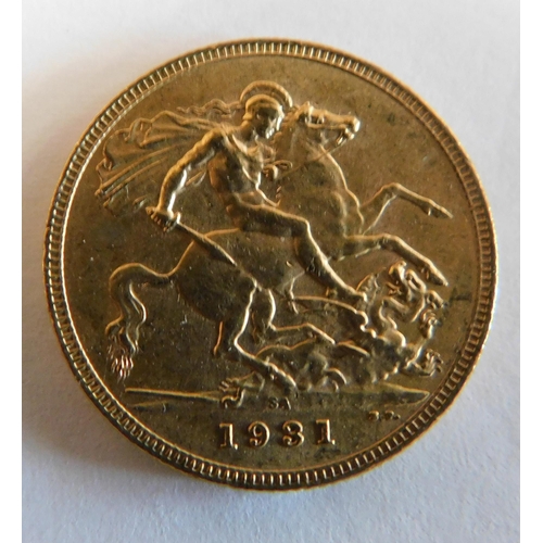 121 - George V/1931 dated - 22ct gold/full Sovereign coin boxed and with paperwork. BUYER COMMISSION 10%