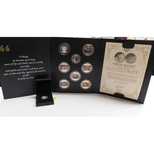 124 - Strength & Stay/Seven Decades of Devotion 8 coin set with certificates and A full silver sovereign w... 