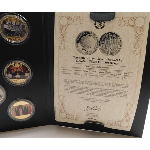 124 - Strength & Stay/Seven Decades of Devotion 8 coin set with certificates and A full silver sovereign w... 