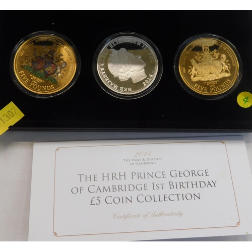 129 - Limited edition/boxed set - three/silver & gold plated £5 coins - 1st birthday of HRH Prince George ... 