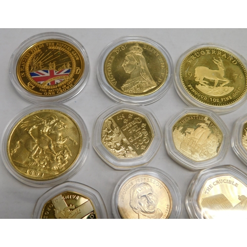 132 - Eighteen - gold plated/commemorative coins