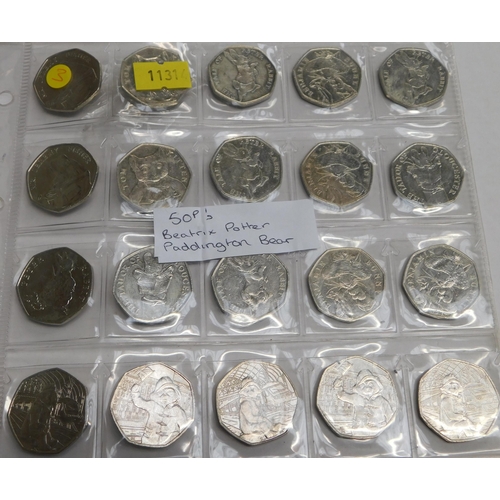 135 - Twenty five/Fifty pence coins - including Beatrix Potter & Paddington Bear