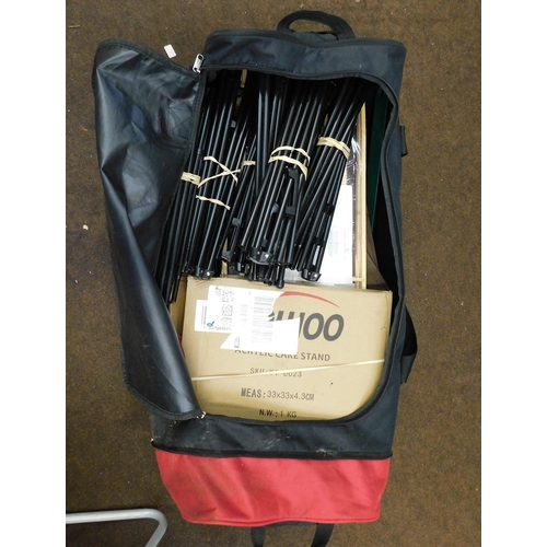 612 - Large wheeled carry bag containing numerous display stands, racks and easels