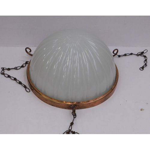 658 - Opaline glass, fluted bowl light shade with copper ring support and chains