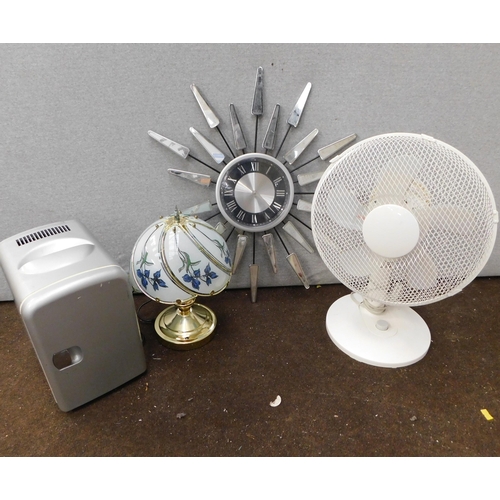 707 - Collection of household items incl. fan, wall clock, table lamp and mini fridge W/O