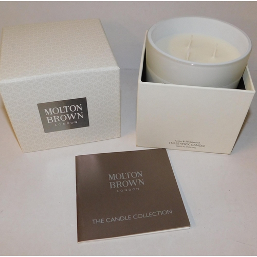 723 - Large 'Molton Brown' three wick candle - 480 gram - Cocoa and Sandalwood