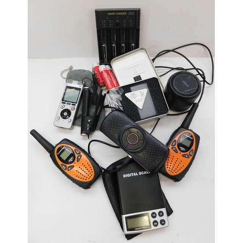 748 - Selection of small electricals incl. jewellery scales, two-way radios, Bluetooth speakers and Olympu... 