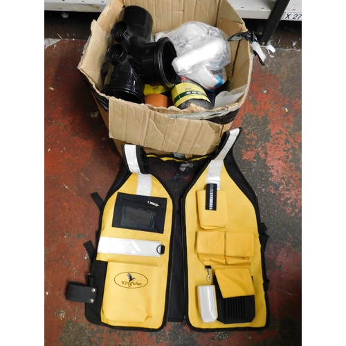 751 - Box of plumbing parts and Kingfisher work jacket