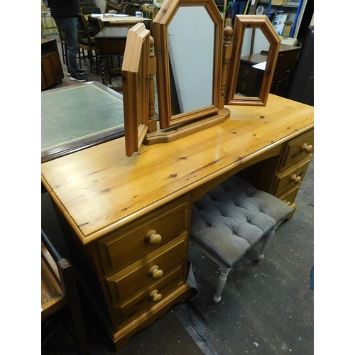 780 - Six drawer pine dressing table with mirror and stool