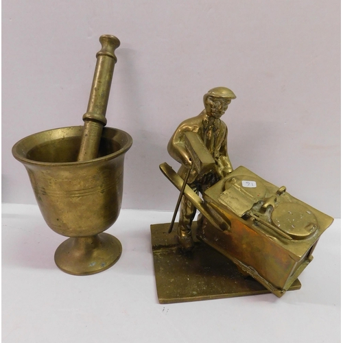 347 - Brass/pestle & mortar - & road sweeper