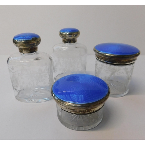 271 - Four - colbalt blue/guilloche enamelled - silver & glass containers