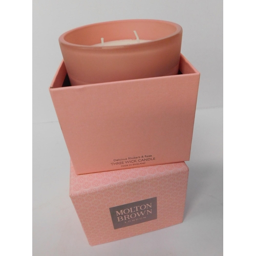 528 - New and boxed Molton Brown 3 wick candle - Delicious Rhubarb and Rose