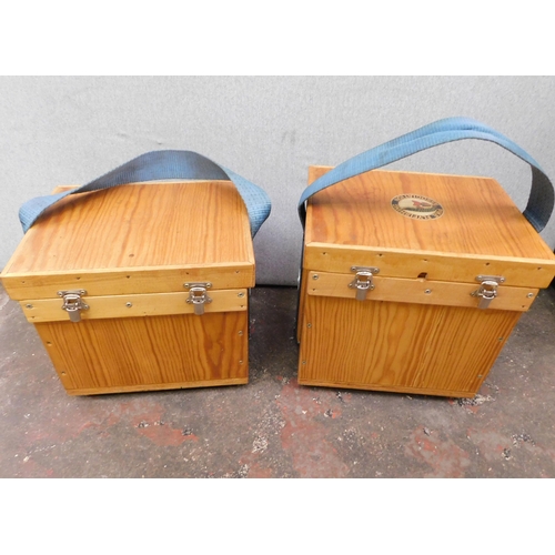 652 - Bison electric outboard motor in working order with wooden case and two wooden battery cases