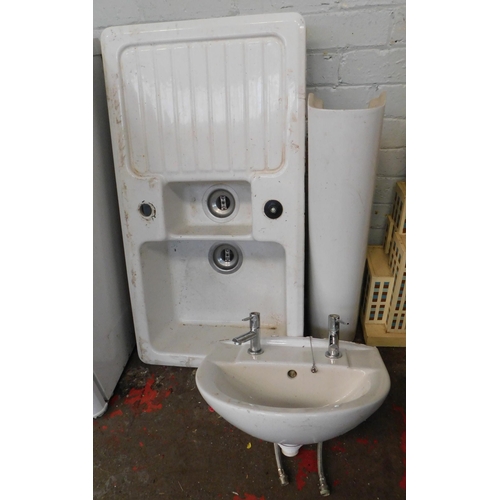 544 - White enamel kitchen sink and bathroom pedestal sink with taps...