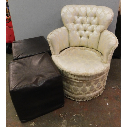 561 - Vintage bedroom chair and two leatherette cube pouffes