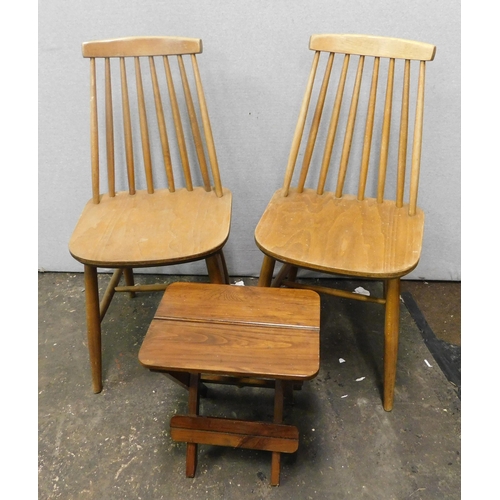 570 - Pair of Ercol style chairs and folding table/stool