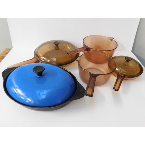 579 - Selection of Corning glass pans and Le Creuset