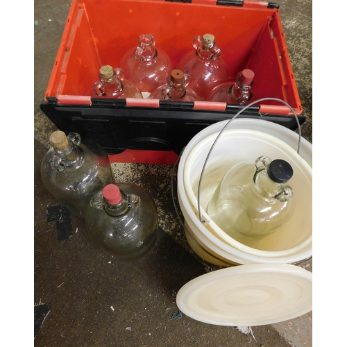 779 - Box of wine making items; two buckets and eight demi-johns