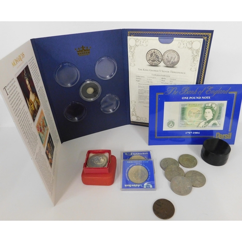 117 - Commemorative coins - One Pound note & George V silver 3D