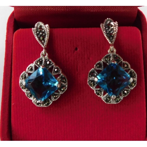 121 - Silver - blue topaz & marcasite earrings