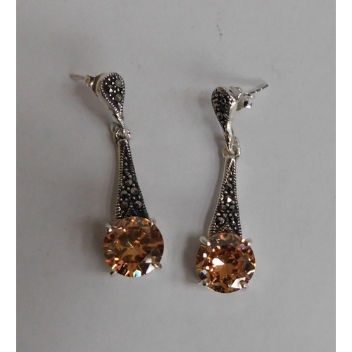 136 - Silver - citrine & marcasite earrings