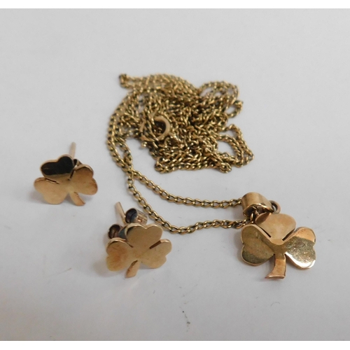 259 - 9ct Gold - chain/Shamrock pendant & earrings