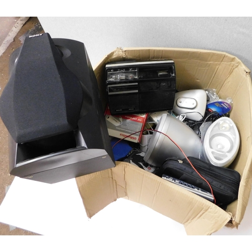 594 - Mixed box of electricals incl. speakers, portable DVD player, chargers - unchecked