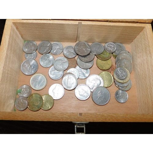 659 - Push Halfpenny board and box of coins and tokens