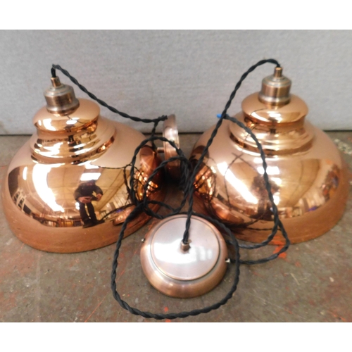 663 - Pair of rose gold industrial style light shades and fittings